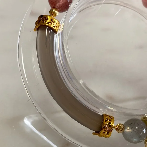 Agate Bangle & Strawberry Quartz Bracelet | Pink Crystal Hybrid Luxe ✨ - Picture 6 of 9